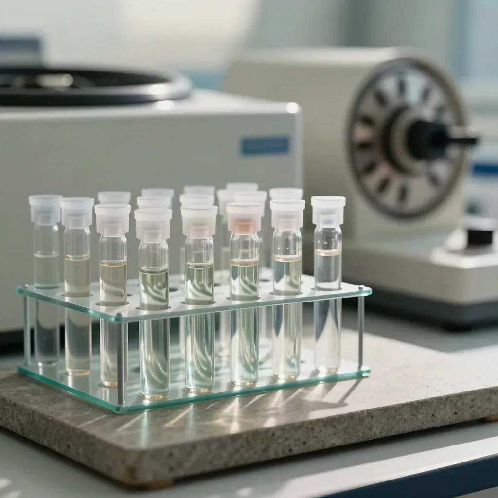 Fiale campione allineate su un vassoio in pietra in un angolo di laboratorio clinico.