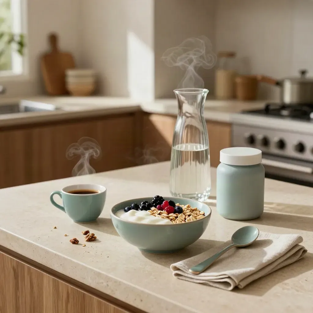 Colazione luminosa con avena, frutti rossi, caffè, caraffa d’acqua e barattolo vitamine.