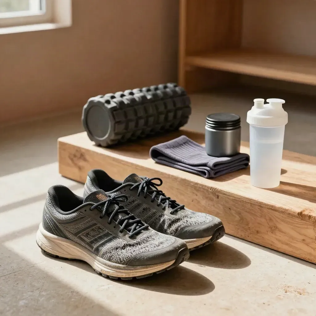 Scarpe da running, foam roller, calze compressive, magnesio e shaker su panca luminosa.