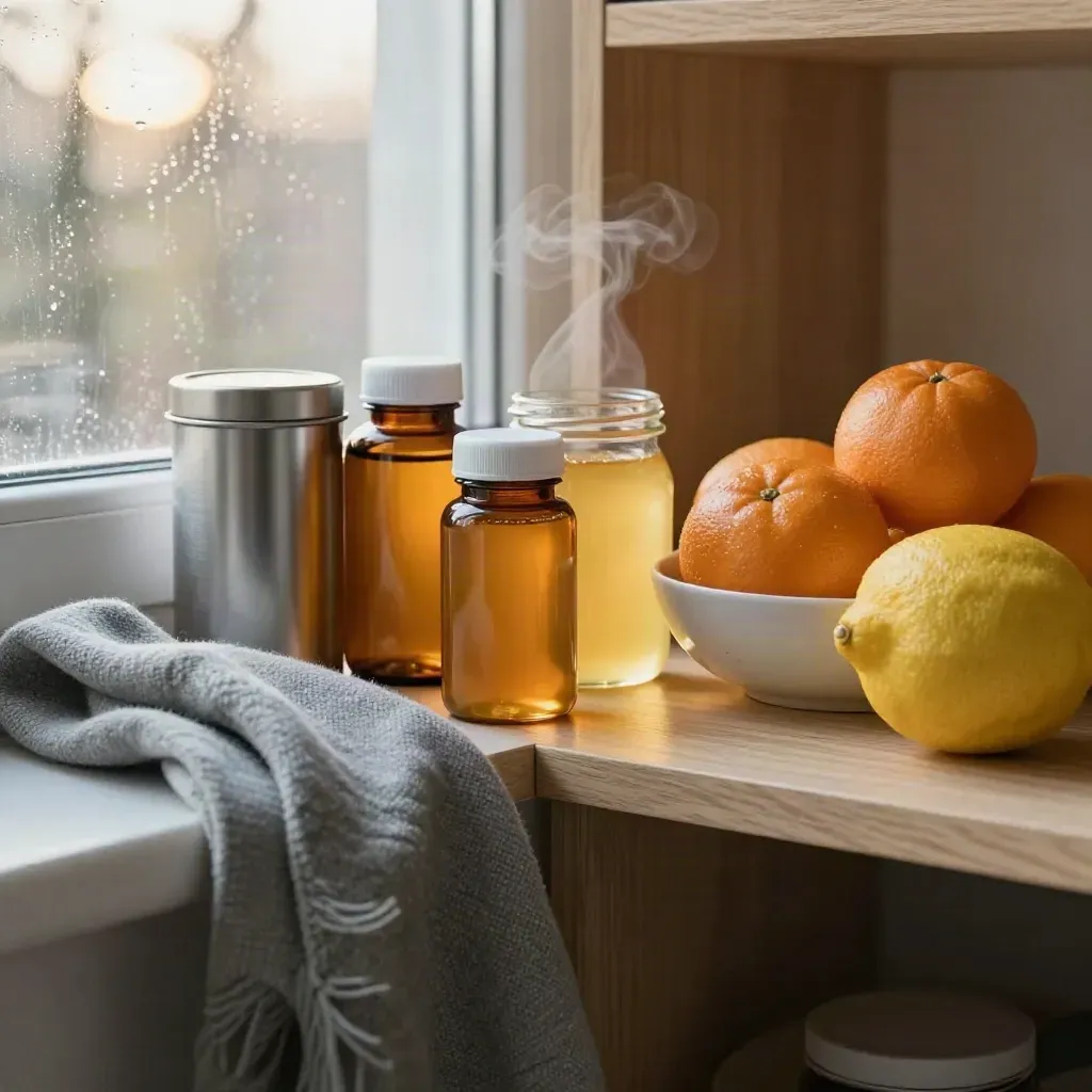 Angolo dispensa invernale con agrumi, tè, miele, integratori e coperta di lana