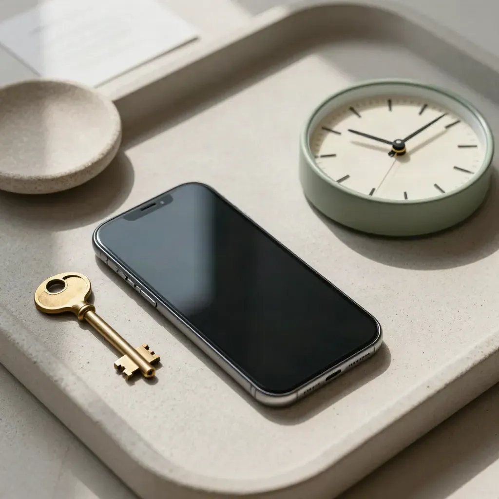 Smartphone, chiave e orologio su vassoio di pietra, luce morbida dall'alto.