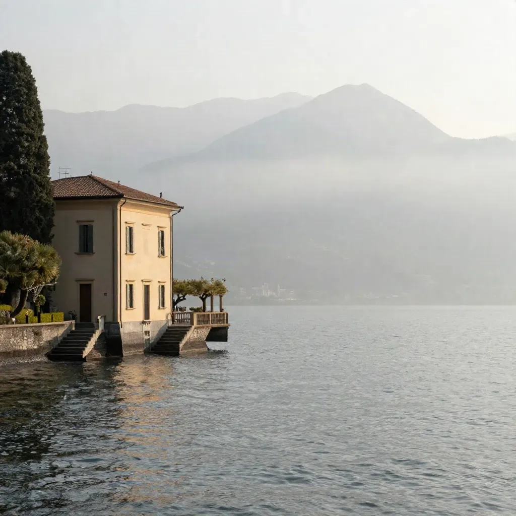 Villa palladiana sul Lago di Como tra nebbia dorata e acqua calma