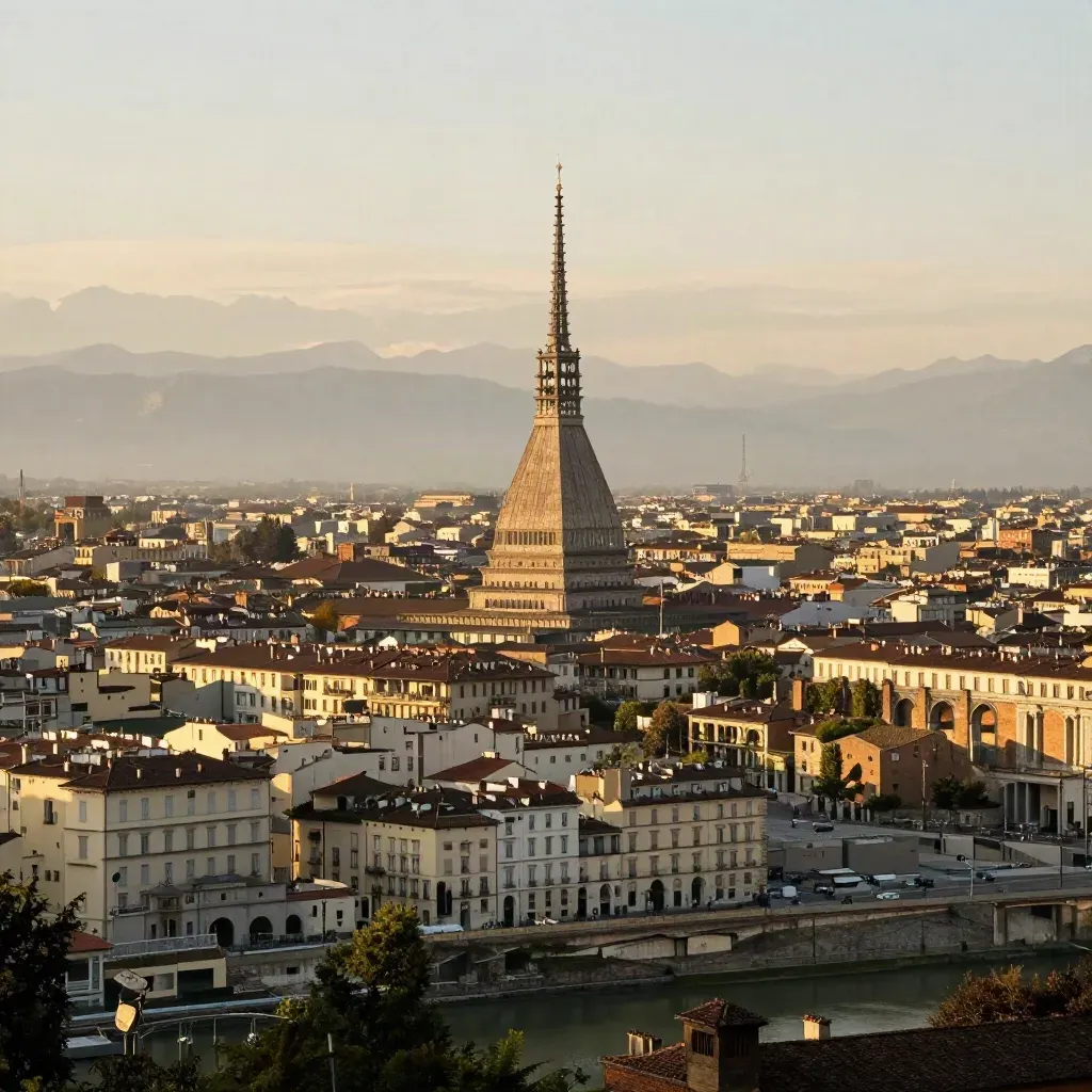 Torino al tramonto con la Mole Antonelliana sopra la pianura e colline in luce dorata.