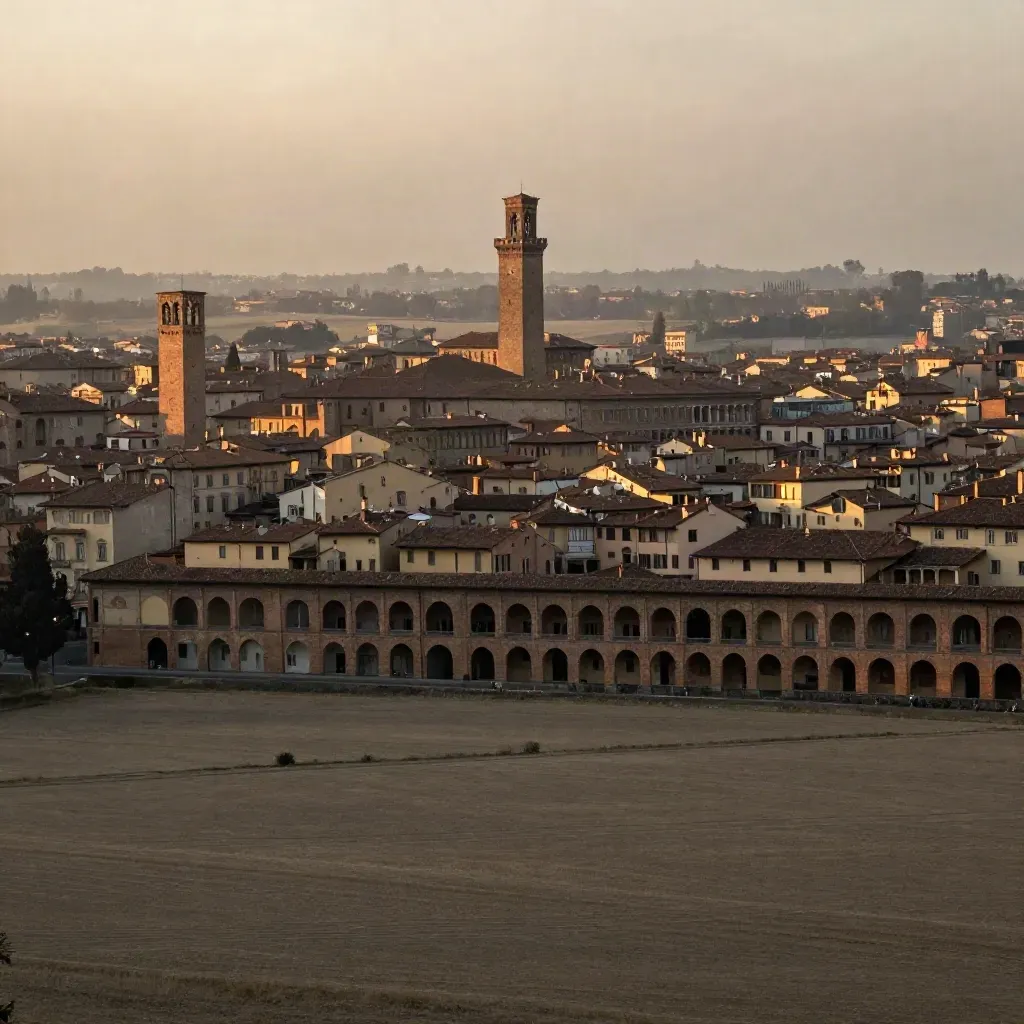 Tetti rossi e portici di Bologna sopra la pianura emiliana al tramonto, in luce dorata